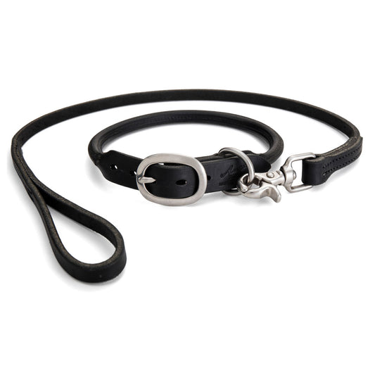 Angus Barrett Saddlery Rolled Leather Dog lead in Black with matching collar