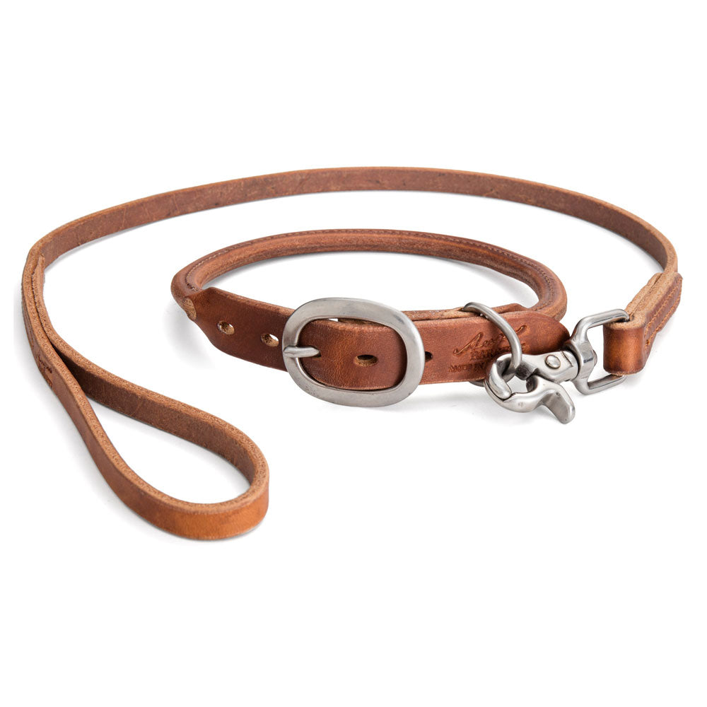 Short Leather Dog Lead with Rolled Collar - Tan with Stainless Steel Hardware