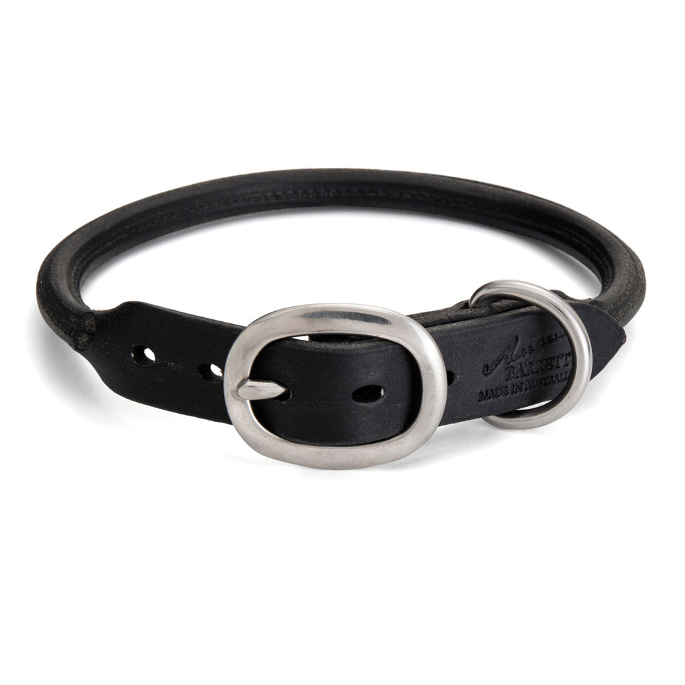 Large Rolled Leather Dog Collar - Black with Stainless Steel Buckle