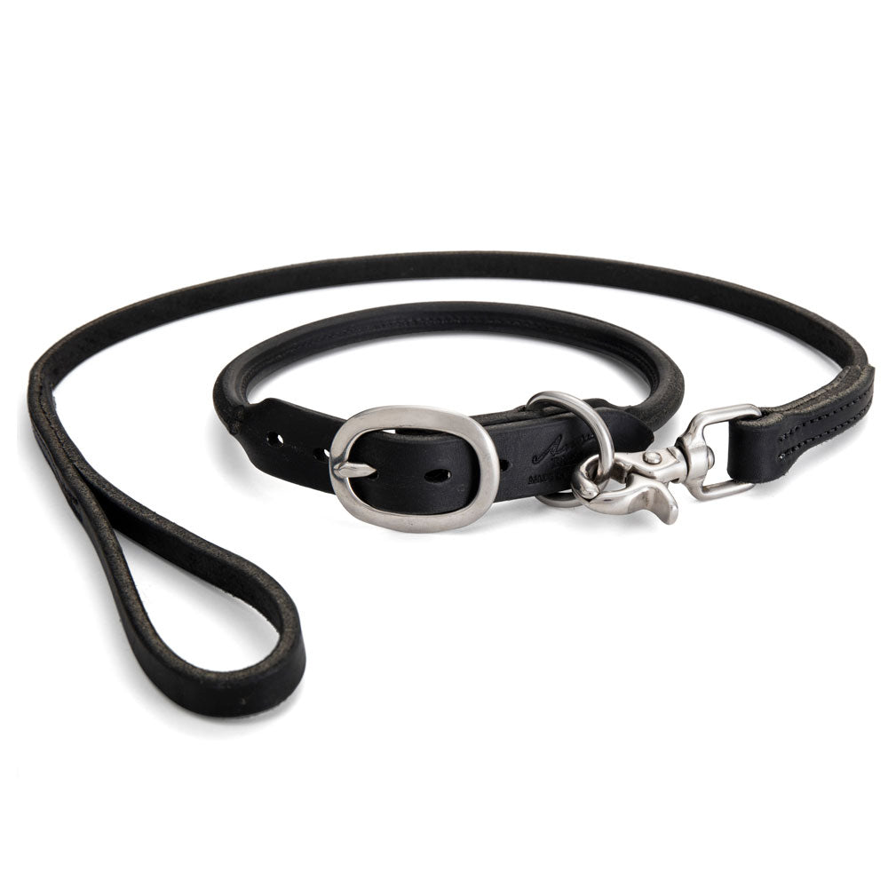 Rolled Leather Dog Collar with Lead - Black with Stainless Steel Hardware