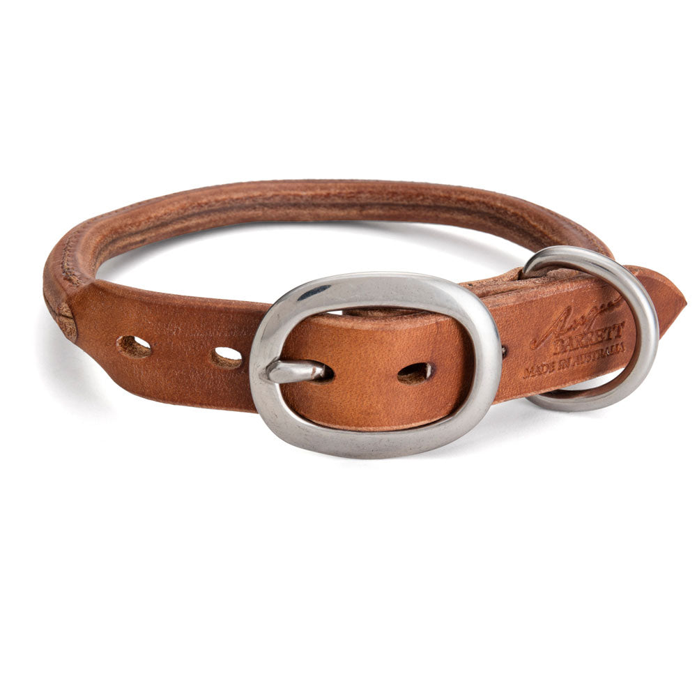 Rolled Leather Dog Collar - Tan with Stainless Steel Hardware