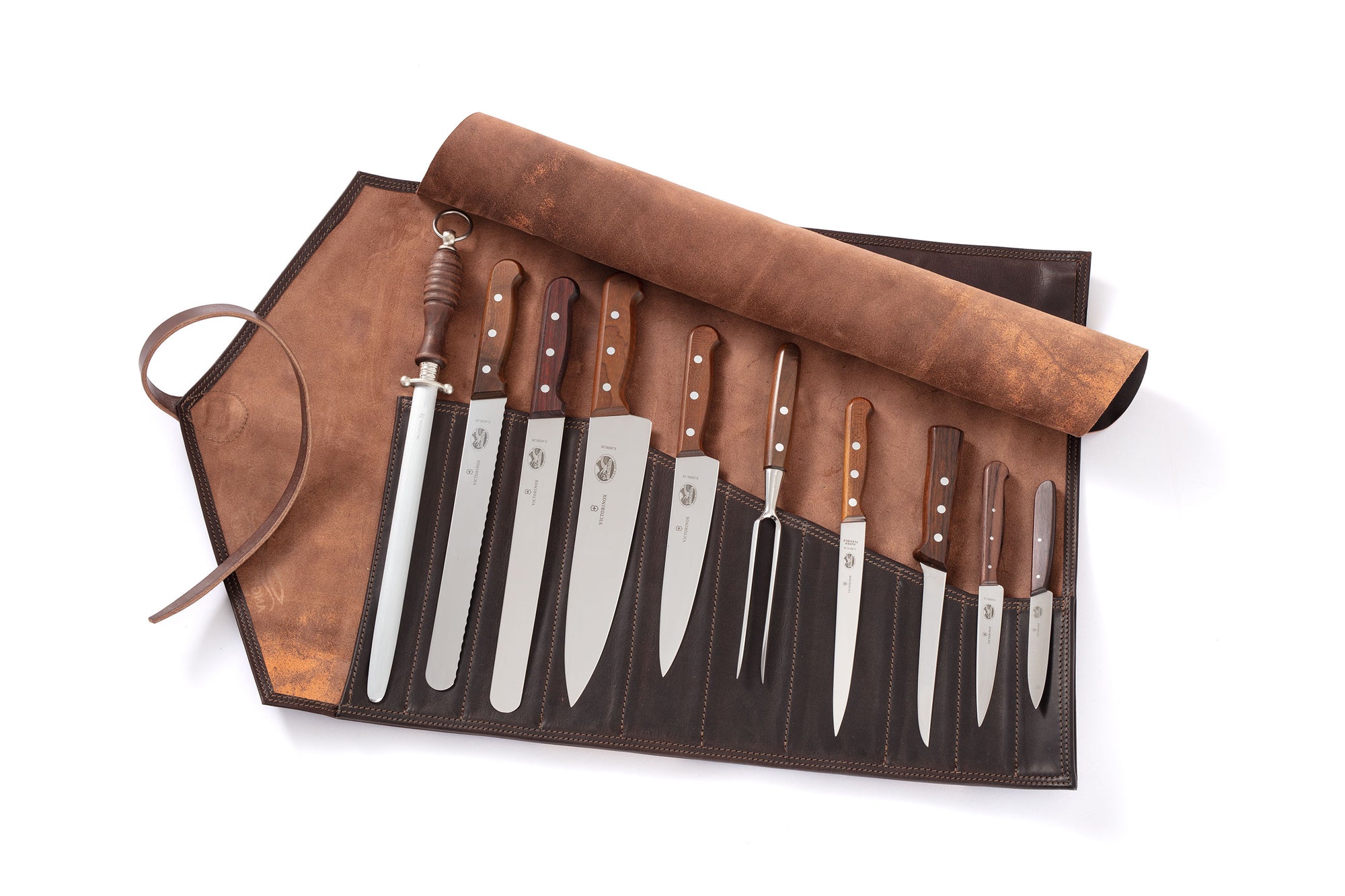 Chefs Leather Knife Roll with 10 Piece Knife Set
