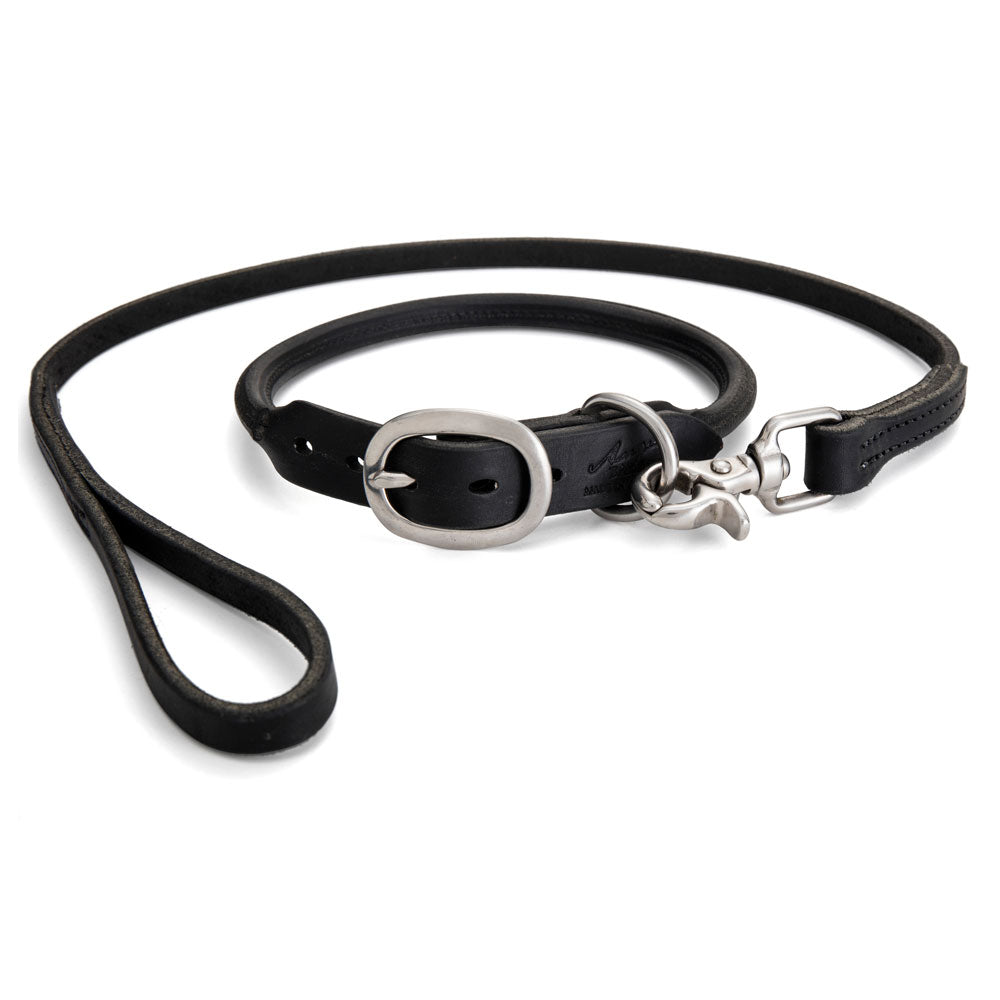 Angus Barrett Saddlery Rolled Leather Dog lead in Black with matching collar
