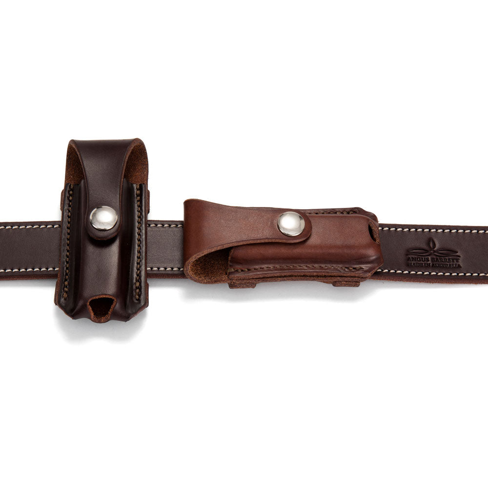 Angus Barrett Button Close Knife Pouch can be worn vertically or horizontally on your belt