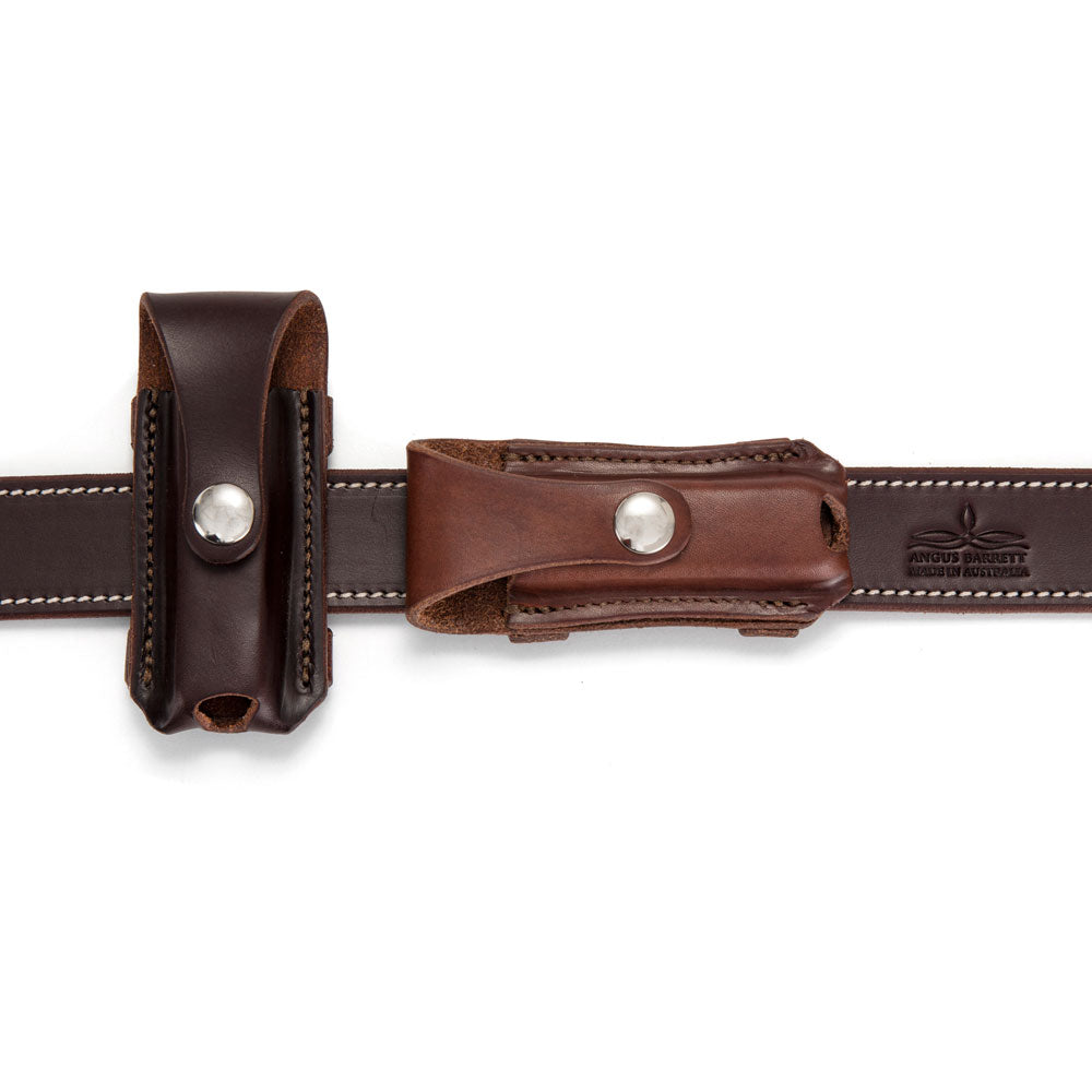 Angus Barrett Button Close Knife Pouch can be worn vertically or horizontally on your belt