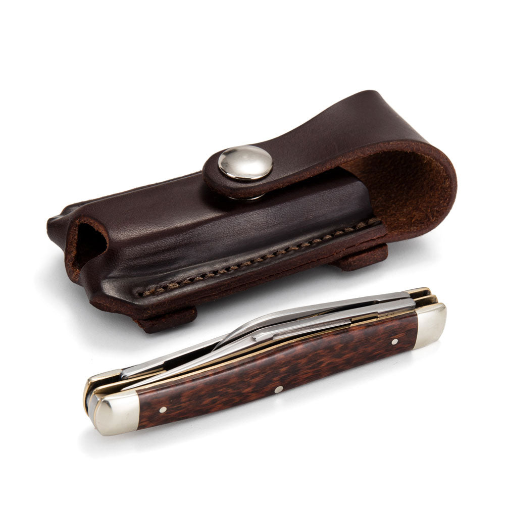 Angus Barrett Button Close Knife Pouch in Dark Natural with Robert Klaas Snakewood Knife