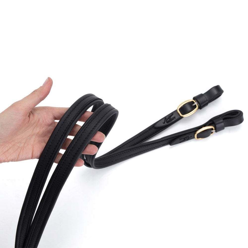 French Leather Reins (Black) with Brass Hardware | Angus Barrett Saddlery