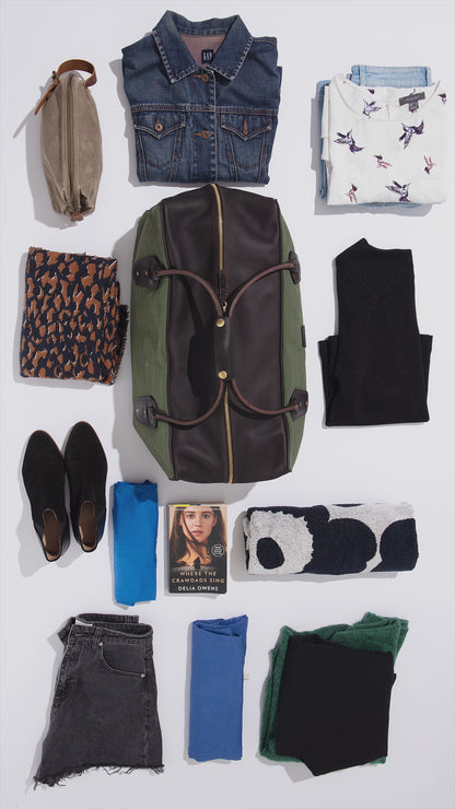 Weekender Travel Bag - Green Canvas with Tan Leather Trim