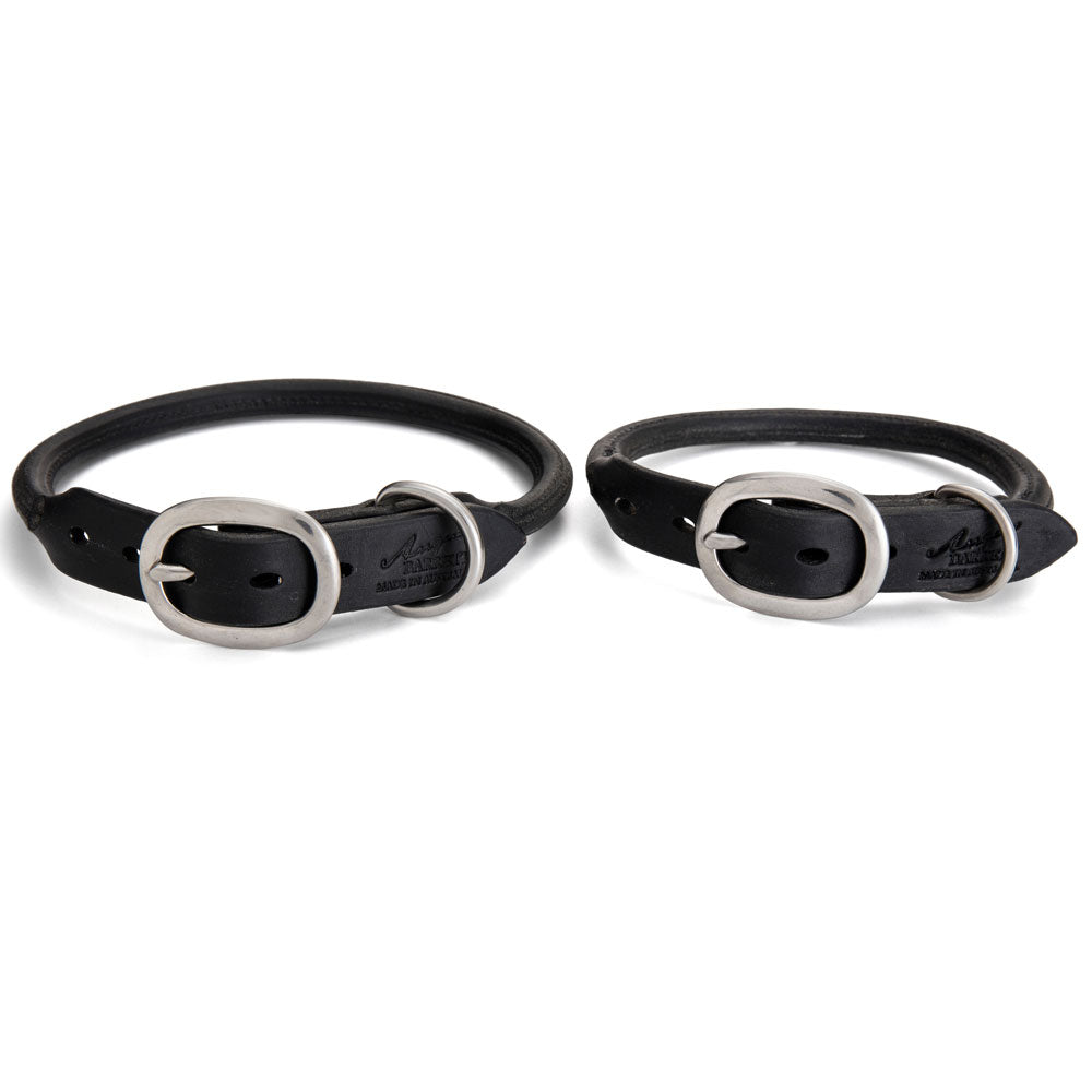 Black Rolled Leather Dog Collars with Stainless Steel Hardware