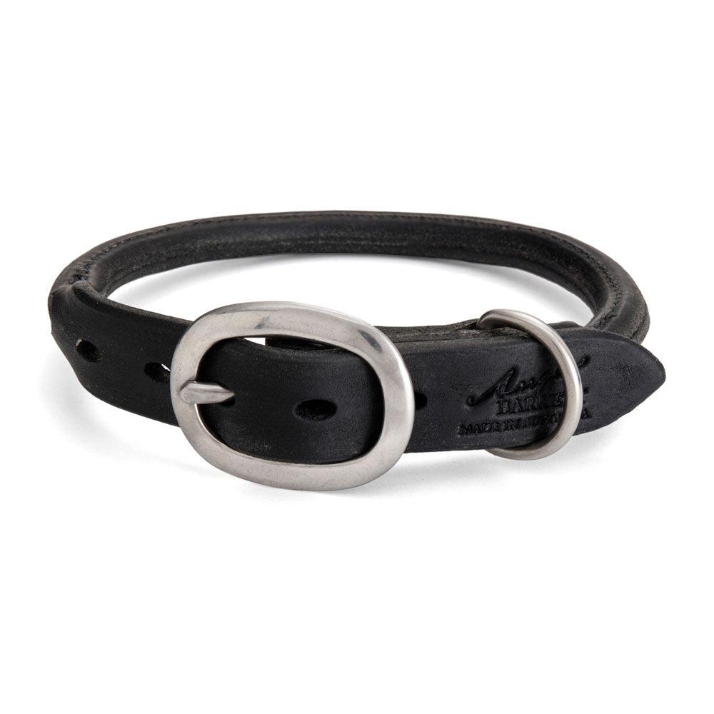 Small Rolled Leather Dog Collar - Black with Stainless Steel Hardware