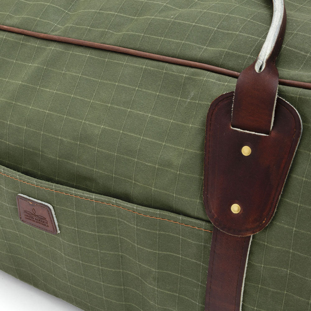 Warrego Travel Bag - Green Canvas with Brown Leather Trim - Outside Pocket