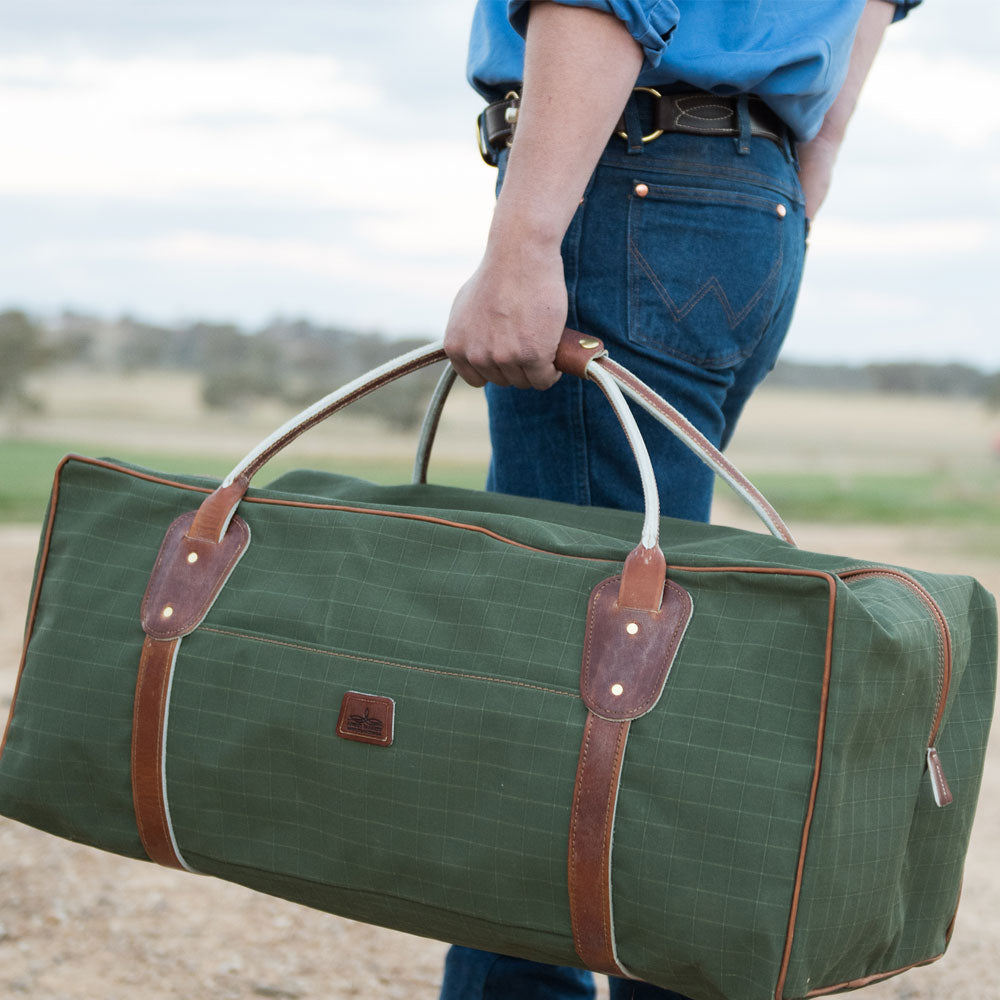 Warrego Travel Bag - Green Canvas with Brown Leather Trim