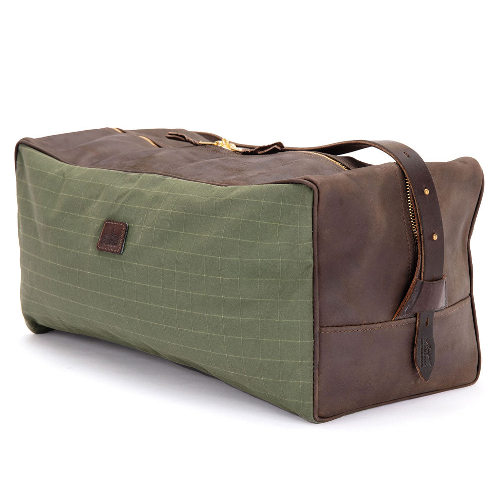 Weekend Warrior Travel Bag with Green Canvas and Chocolate Brown Trim