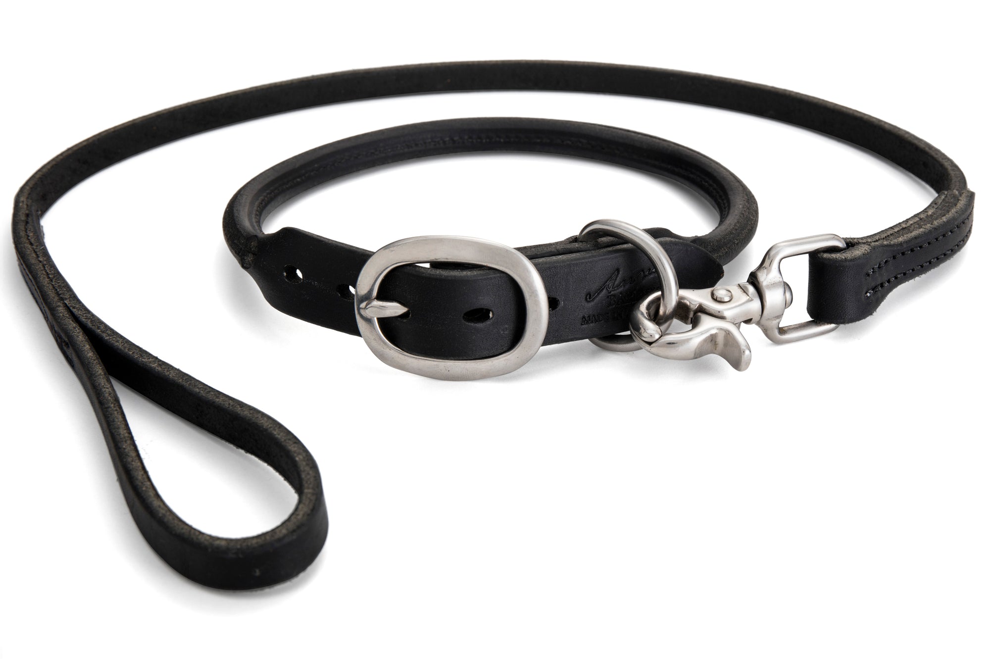 Angus Barrett Saddlery Rolled Leather Dog Collar in Black