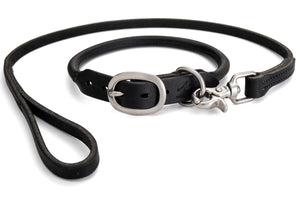 Angus Barrett Saddlery Rolled Leather Dog Collar in Black with matching lead