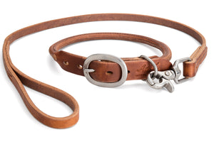 Angus Barrett Rolled Leather Dog Collar in Brown with matching lead
