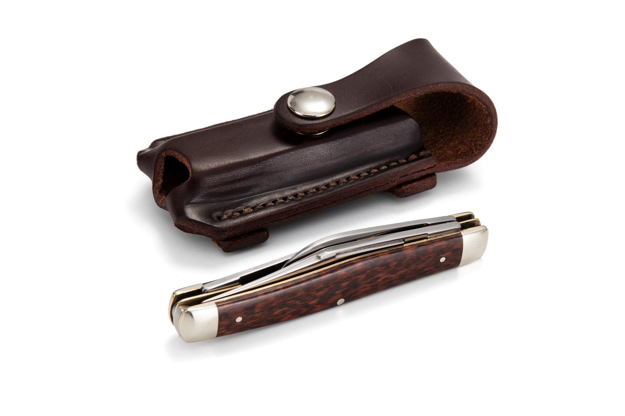 Angus Barrett Button Close Knife Pouch in Dark Natural with Robert Klaas Snakewood Knife