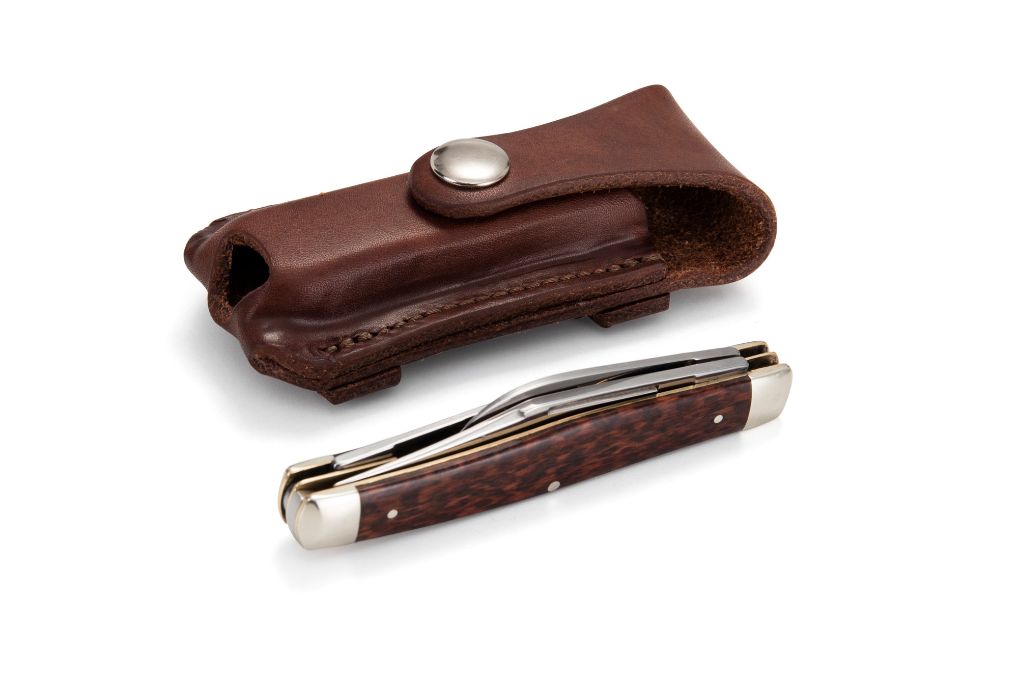 Angus Barrett Button Close Knife Pouch in Natural with Robert Klaas Snakewood Knife