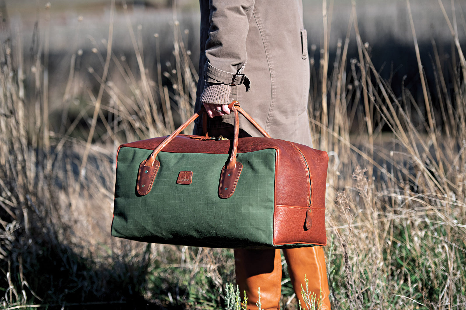 Weekender Travel Bag Green Canvas with Tan Leather Trim Angus Barrett Saddlery