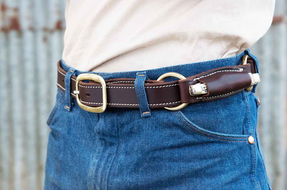 Leather Hobble Belt with Pocket Knife Pouch & Solid Brass Buckle - Angus  Barrett Saddlery