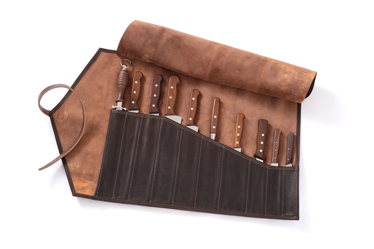 Chefs Leather Knife Roll with 10 Piece Knife Set
