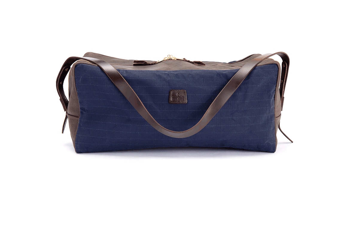Weekend Warrior Travel Bag With Shoulder Strap - Navy Canvas with Chocolate Leather Trim