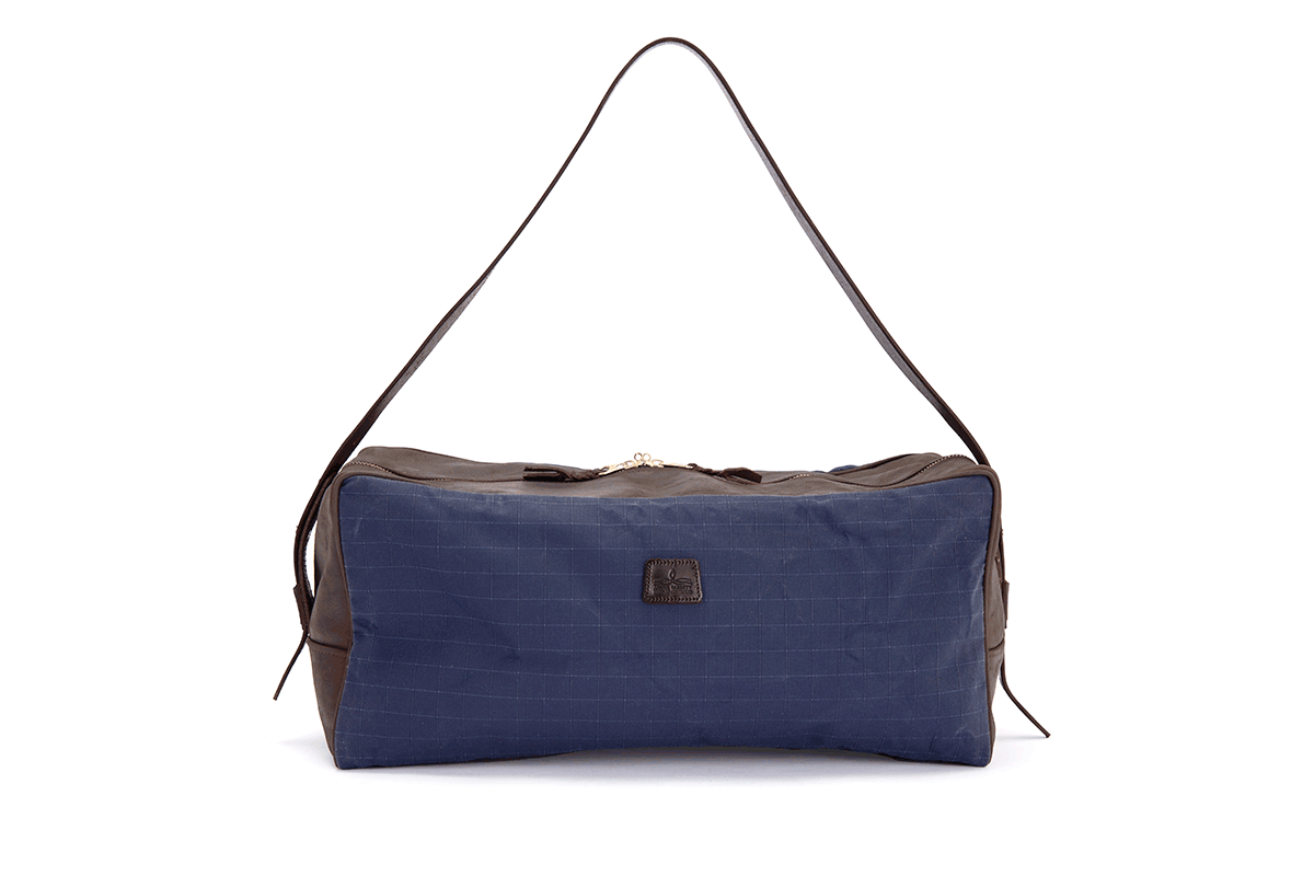 Weekend Warrior Travel Bag With Shoulder Strap - Navy Canvas with Chocolate Leather Trim